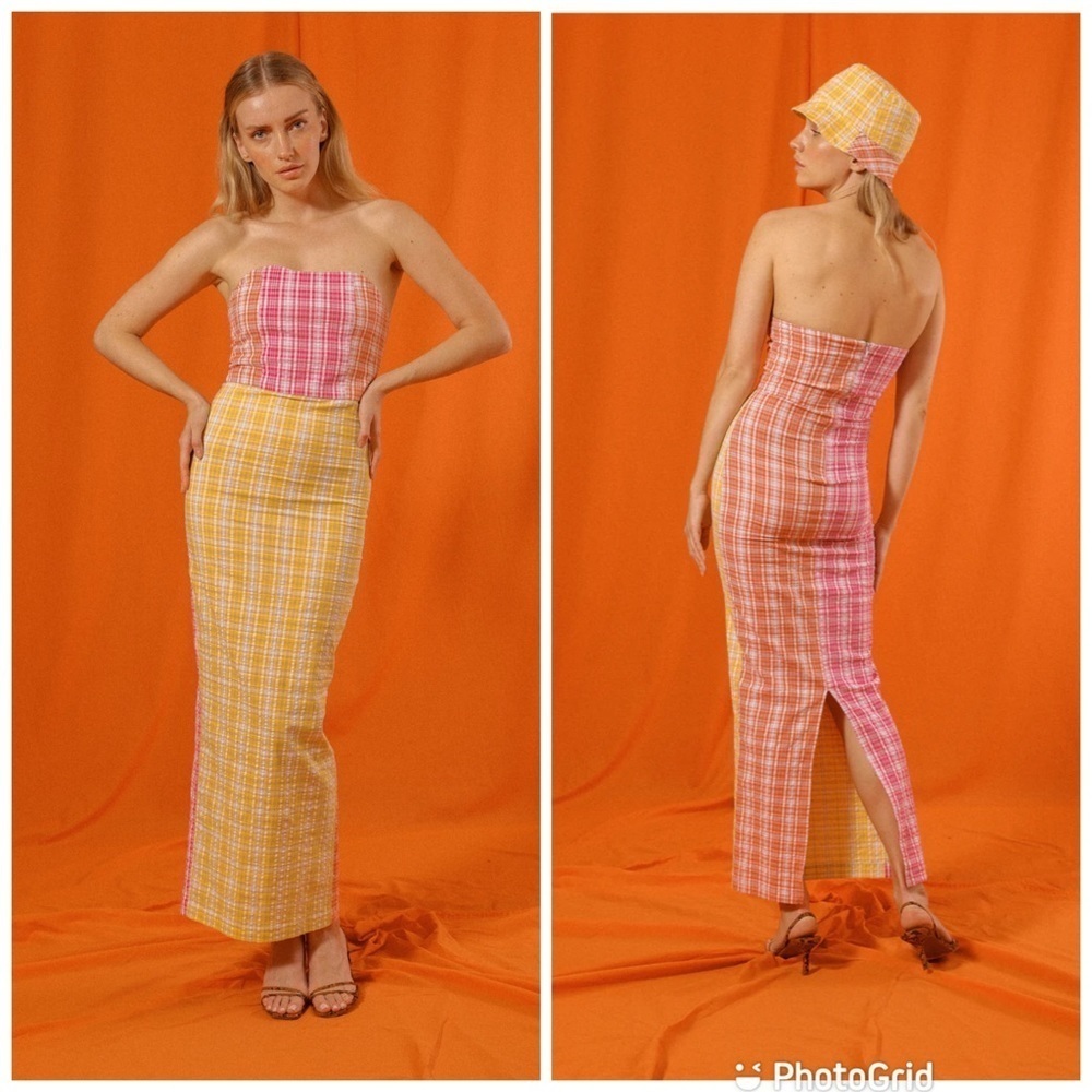 Saint Mojavi The Talavera Tube Dress Tri-Color Plaid Seersucker New with Tags!